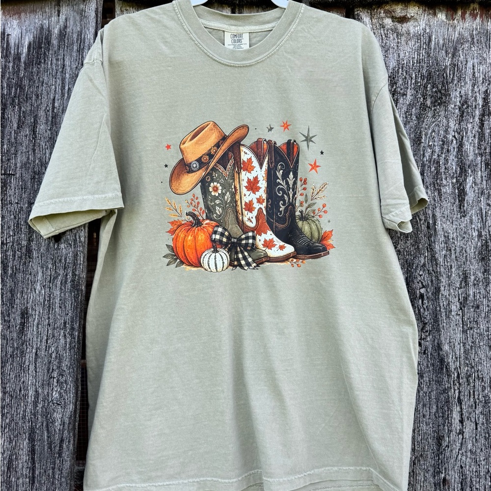New Comfort Colors Unisex Khaki Graphic Tee with Cowboy Boot & Pumpkin Design